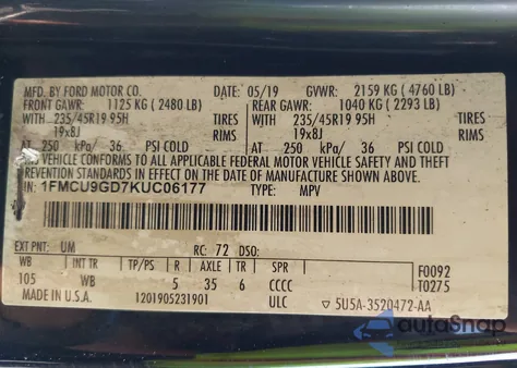 2019 Ford Escape Se из США, поврежденный, VIN 1FMCU9GD7KUC06177